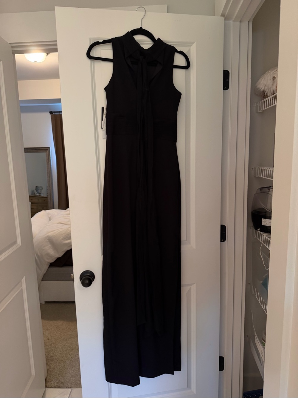 Sleeveless Black High Neck Fitted Formal Dress with Tulle Chiffon Neck Tie